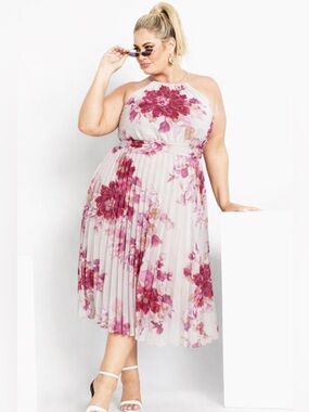 City Chic Pink Floral Halter Pleated Midi Dress